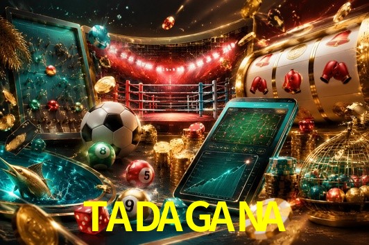 Una escena digital vívida inspirada en casino con TADAGANA mostrado prominentemente, luces brillantes, fichas, cartas y acentos dorados.